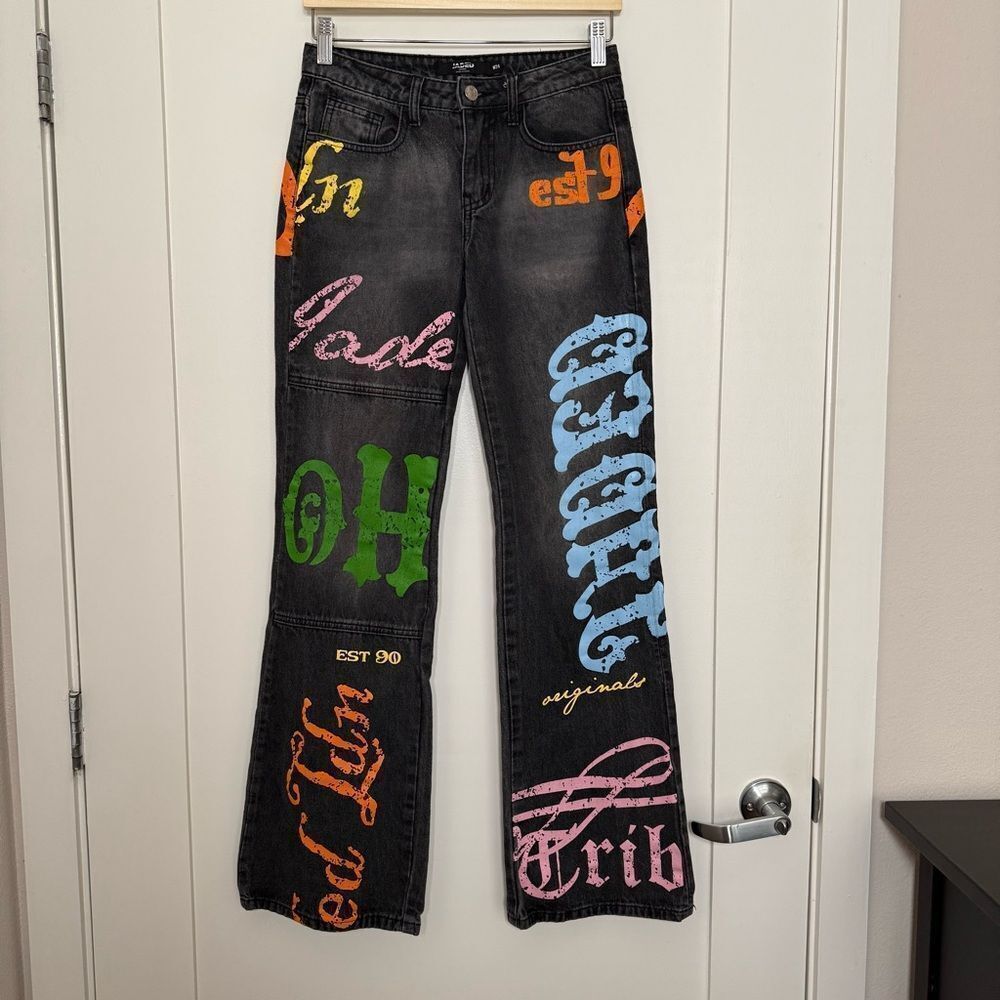 Jaded London Printed Flared Bootcut Low Rise Jeans Sz 24 Charcoal Streetwear